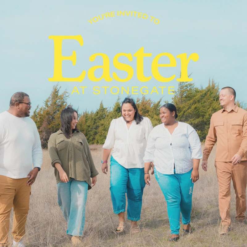A diverse group of five smiling friends walk together in a sunny field with text that reads 'You're Invited to Easter at Stonegate'.
